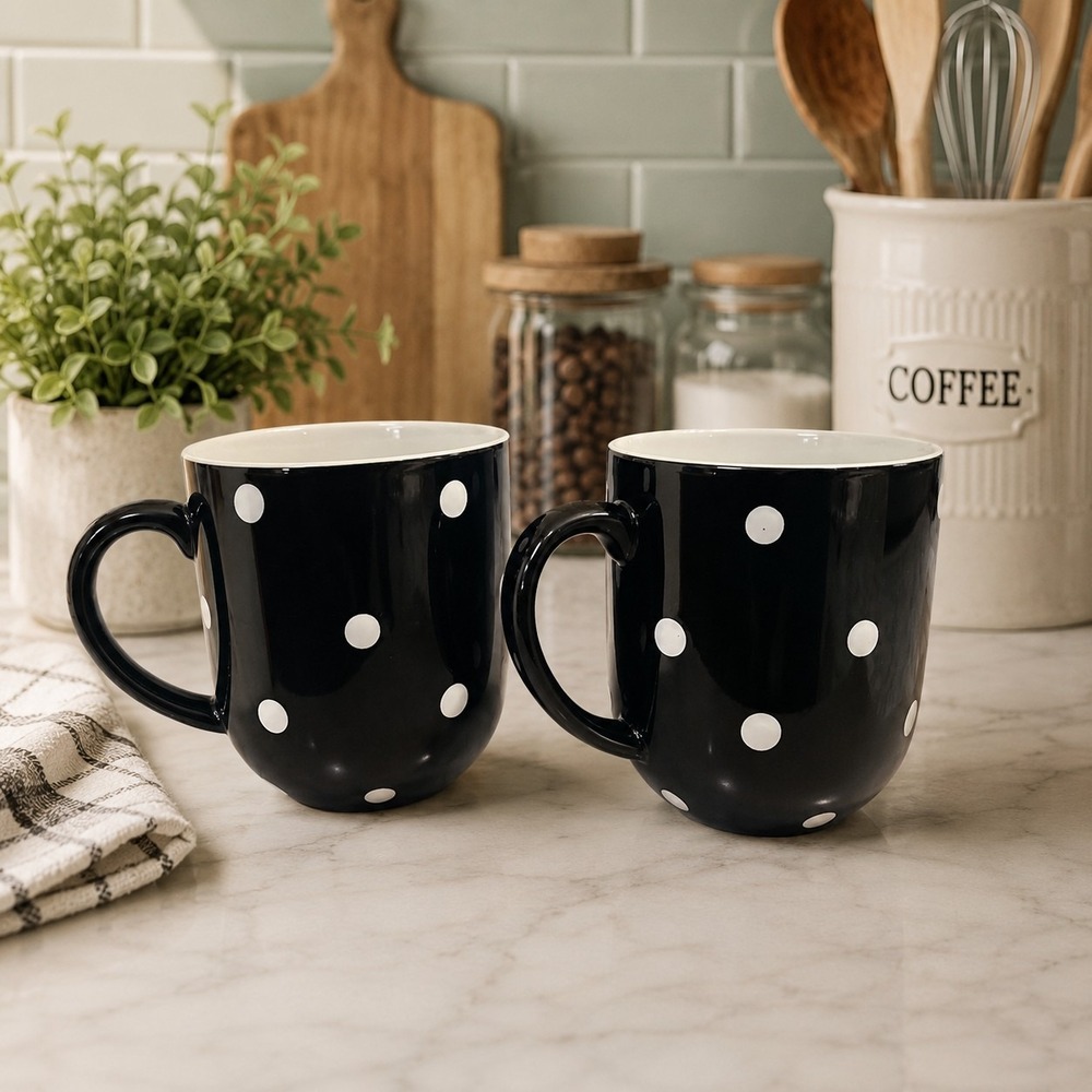 Spode Baking Days Black Polka Dot Coffee Cups Set Of 2 Farmhouse Cottagecore
